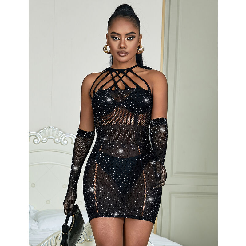 Subblime - 952235 Bodystocking De Rejilla Con Brillantes Y Guantes Negro Talla Única