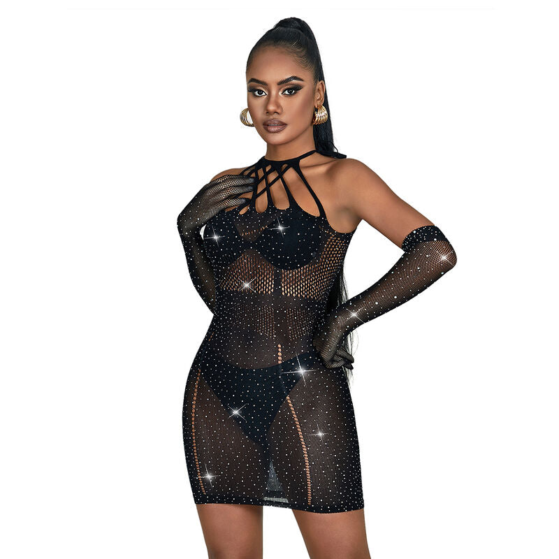 Subblime - 952235 Bodystocking De Rejilla Con Brillantes Y Guantes Negro Talla Única