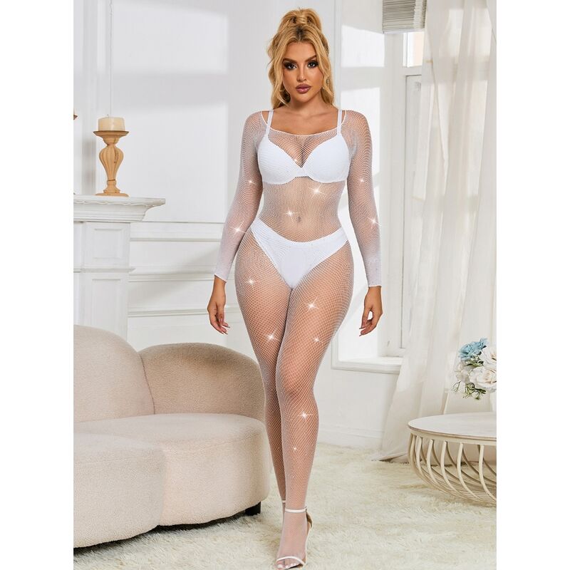 Subblime - 952396 Bodystocking De Rejilla Con Diamantes Manga Larga Blanco Talla Única