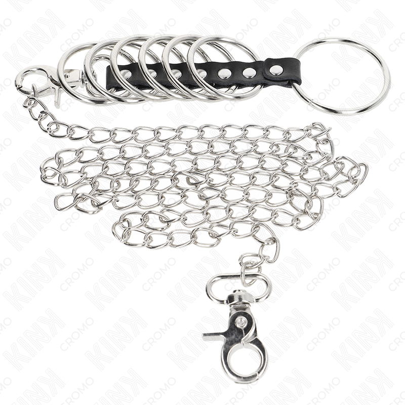 Kink - 7 Anillos Pene Metal 3.8 Cm A 5 Cm Conectados Con Polipiel Y Cadena Metal 100 Cm