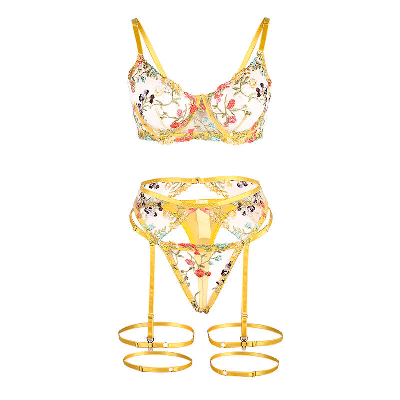 Subblime - 954345 Sujetador + Tanga + Ligueros Diseño Floral Amarillo S/M