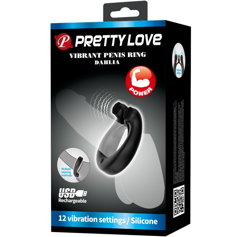 Pretty Love - Dahlia Anillo Vibrador + Estimulador De Clítois 12 Vibraciones Negro