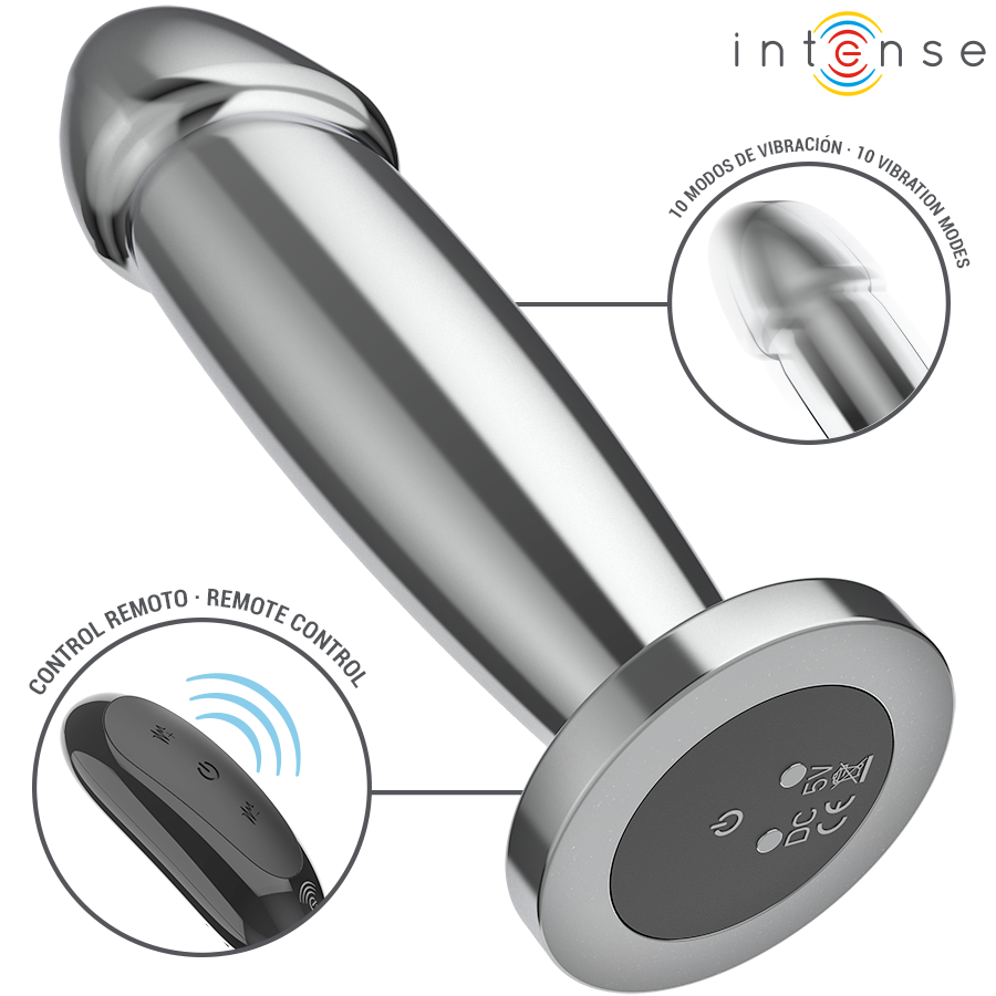 Intense - Plug Anal 10 Vibraciones Metal En Forma De Dildo Con Control Remoto M