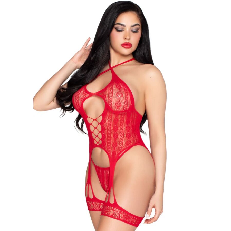Leg Avenue - 89338 Set Body Abierto Con Liguero + Tanga De Encaje Rojo - Talla Única