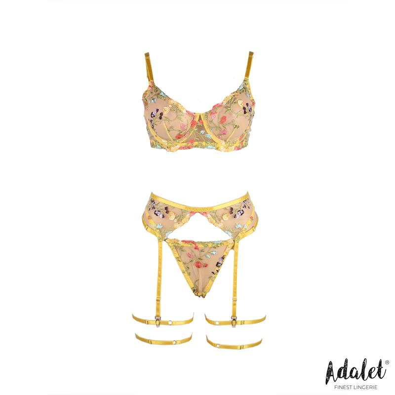 Zoey Set Sujetador, Tanga, Liguero Y Ligas Amarillo Floral Talla (Interno):S/M